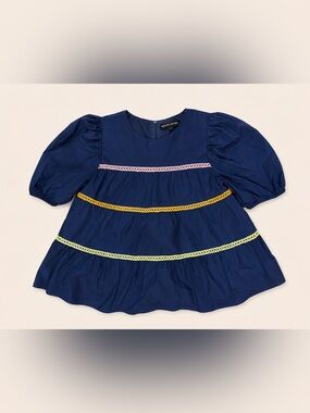English Factory Navy Tiered Puff Sleeve Top with Pink, Yellow & Lime Trim